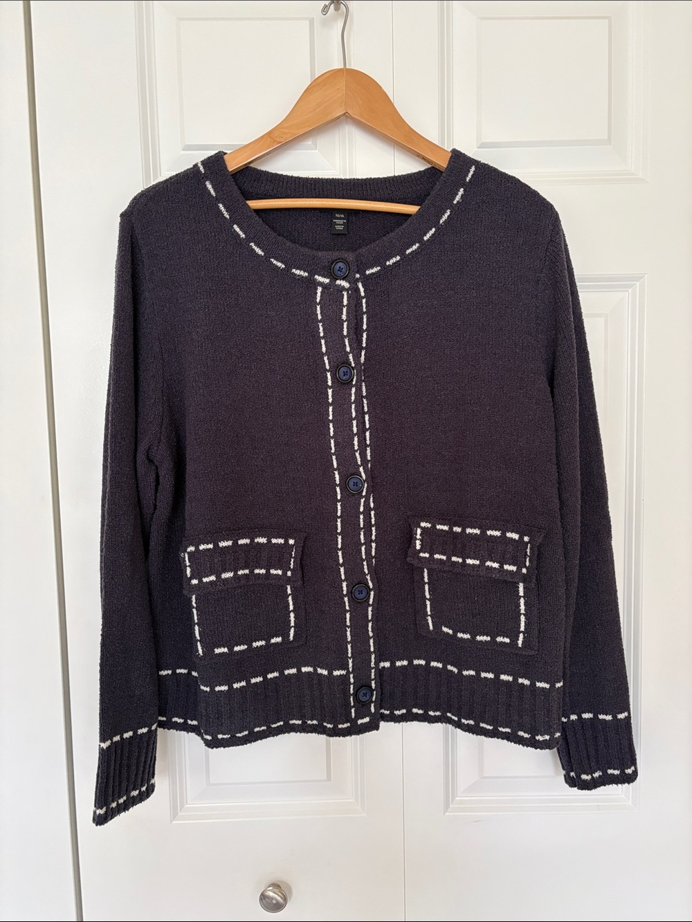 Tribal Black Cardigan Sweater with White Stitch Trim